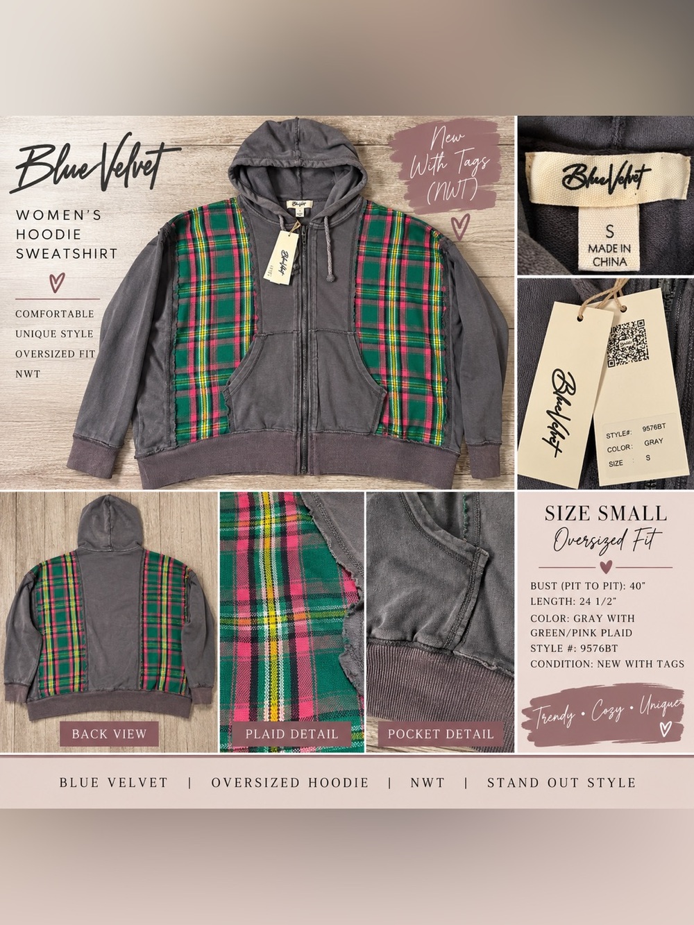 Blue Velvet NWT Oversized Gray Plaid Patchwork Zip Hoodie Size Small